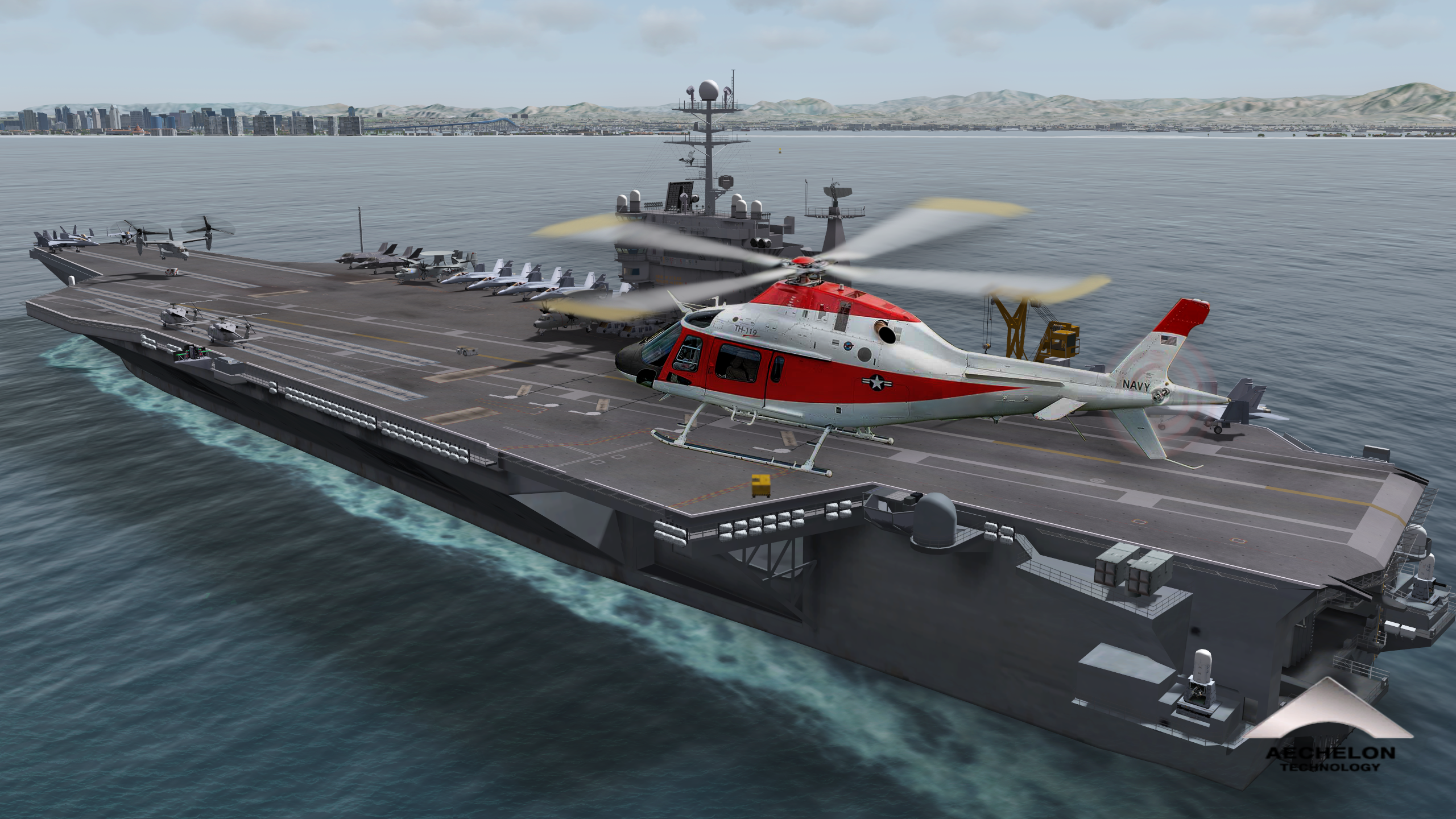 Helicopter preparing for landing on a docking ship