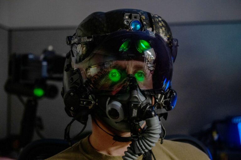 U.S. Air Force Tech. Sgt. Anthony Farnsworth, 419th Operations Support Squadron, poses for a photo to demonstrate the F-35 Generation III Helmet-Mounted Display at Hill Air Force Base, Utah, on July 10, 2021. The display provides the pilot critical inform