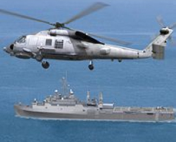 Helicopter flying above ship in ocean