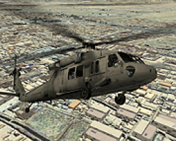 Military helicopter above city