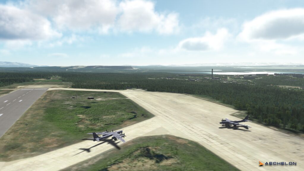 Rendered view of Russian aircraft positioned on an airfield using Aechelon’s SkyBeam AI system with surrounding 3D vegetation and buildings.